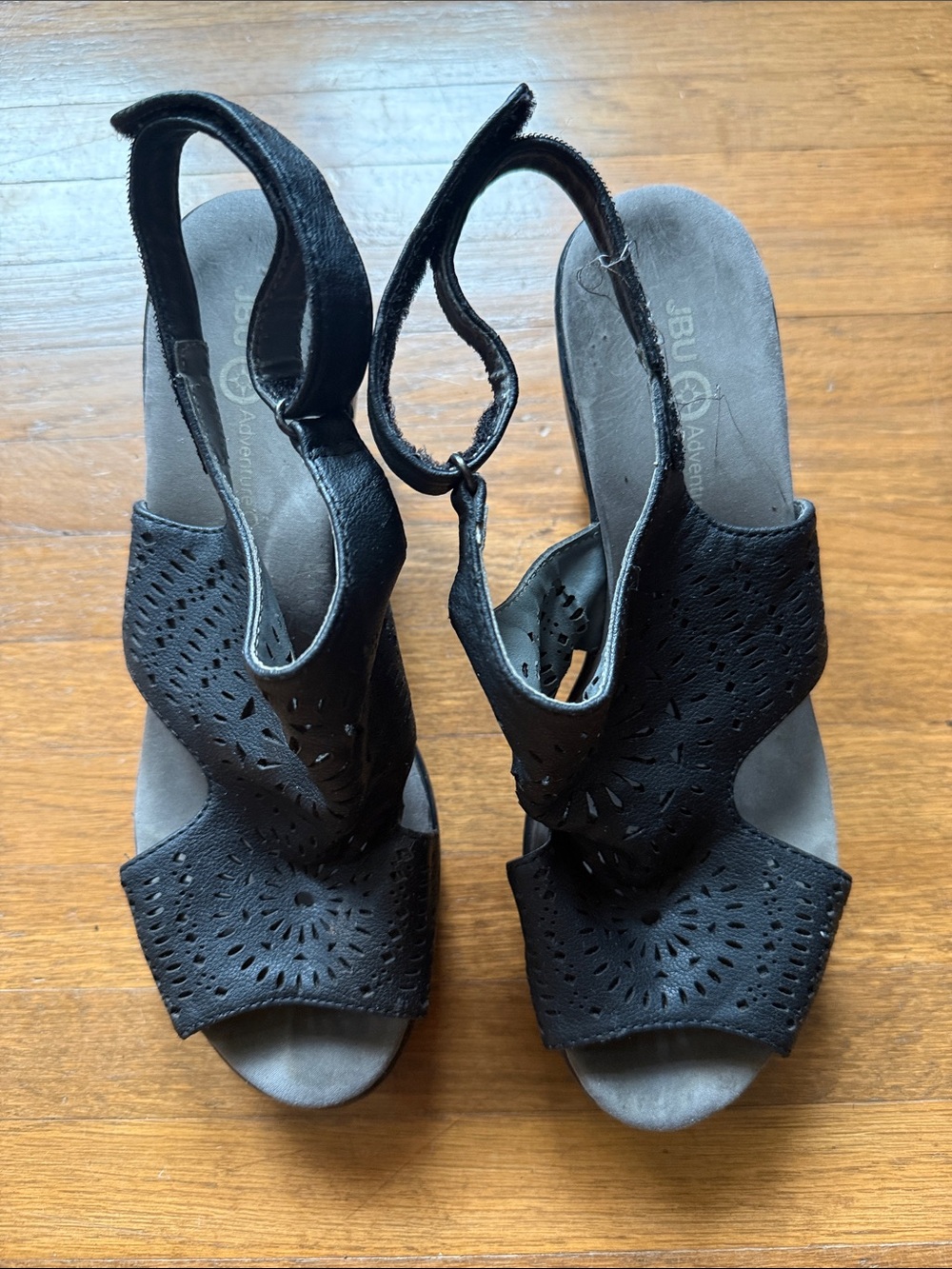 JBU Black Laser-Cut Slingback Wedge Sandals